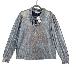 LOFT Top Women's Medium‎ Silver Glitz Glam Disco Shimmer Long Sleeve Bow Holiday
